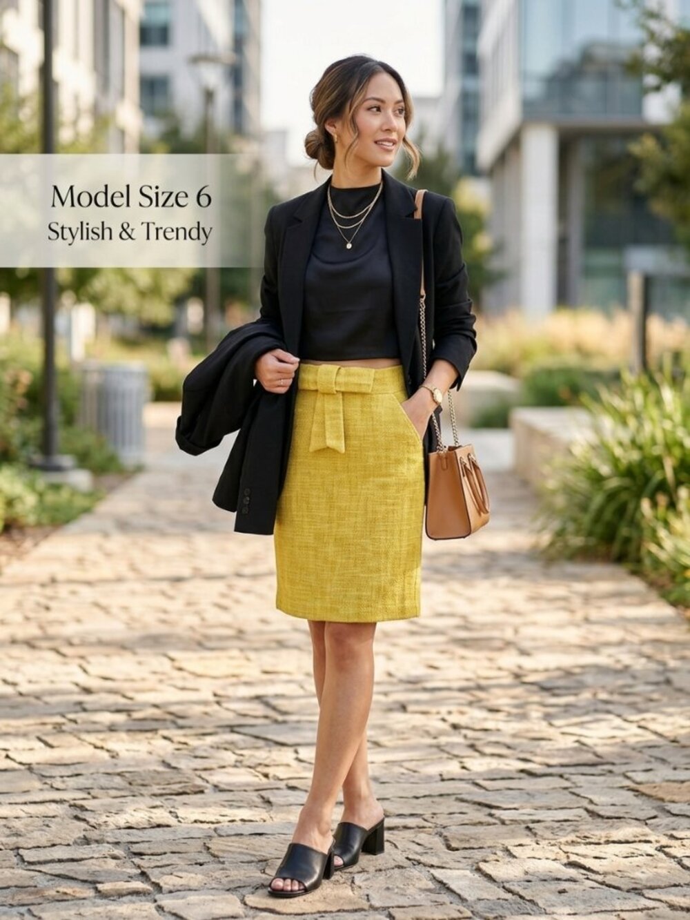 Milly of New York Yellow Tweed Bow Front Pencil Skirt 6 Cotton Linen Silk Lined